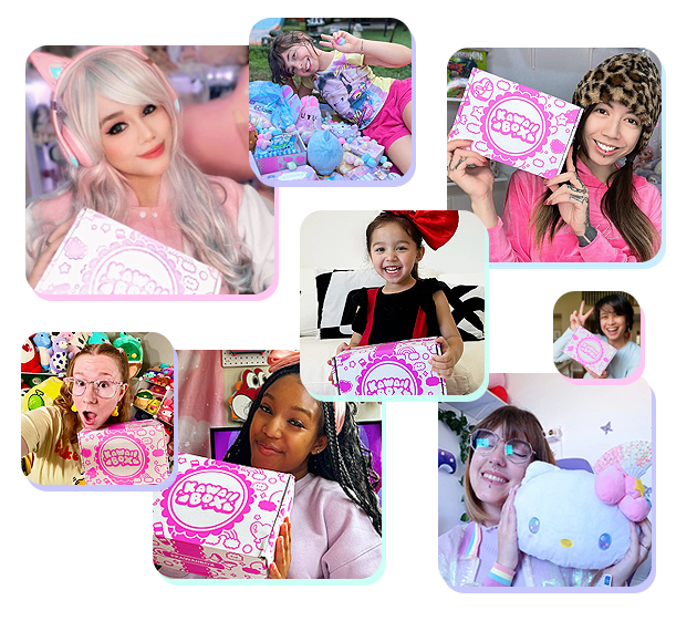 Collage of people holding and interacting with a Kawaii Box in various settings.